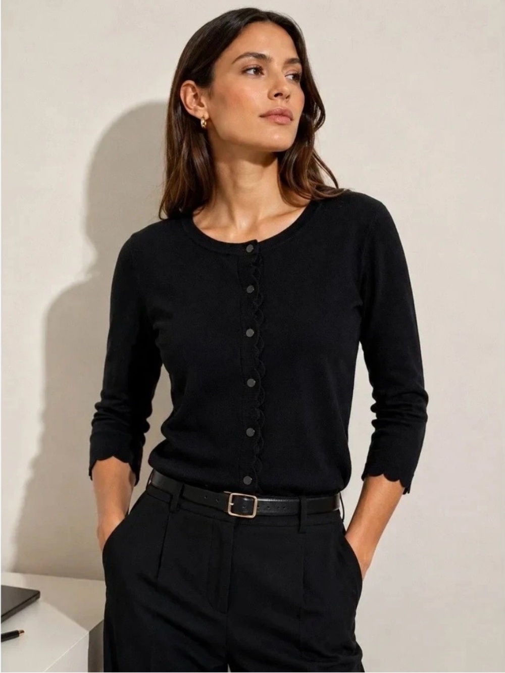 Talbots Black Petite Scallop Trim Button Front 3/4 Sleeve Cardigan